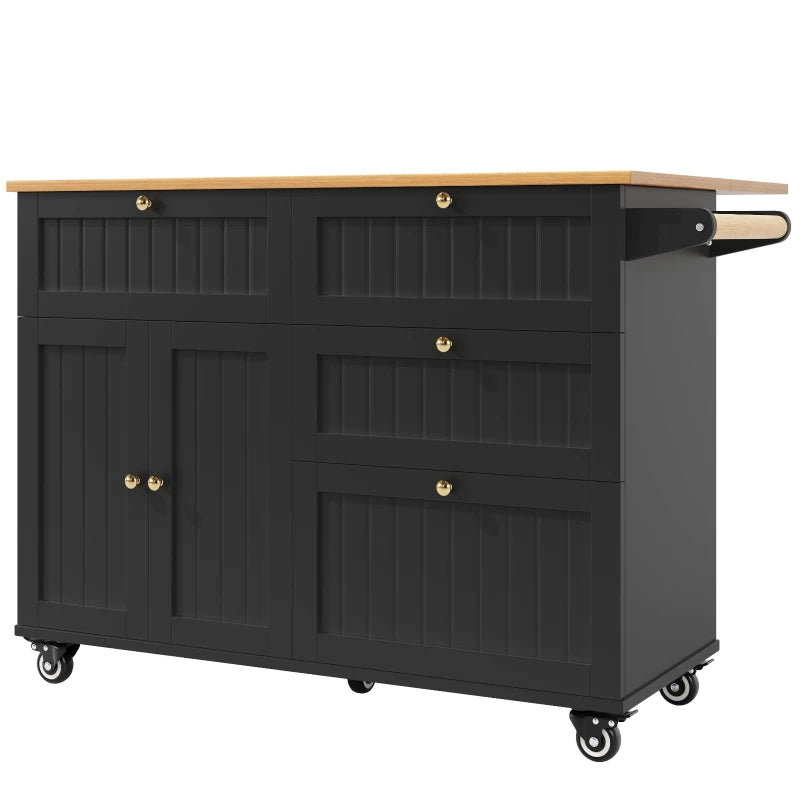 Rolling Mobile Kitchen Island Cart with Storage Drawer & Towel Rack, Drop Leaf Breakfast Bar, 121x70x88 cm, Black