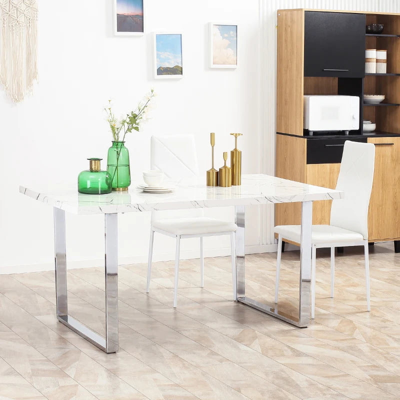 Modern Rectangular Dining Table for 6-8 People - 160 cm White Marble Effect Top with Steel Legs - Kitchen Furniture