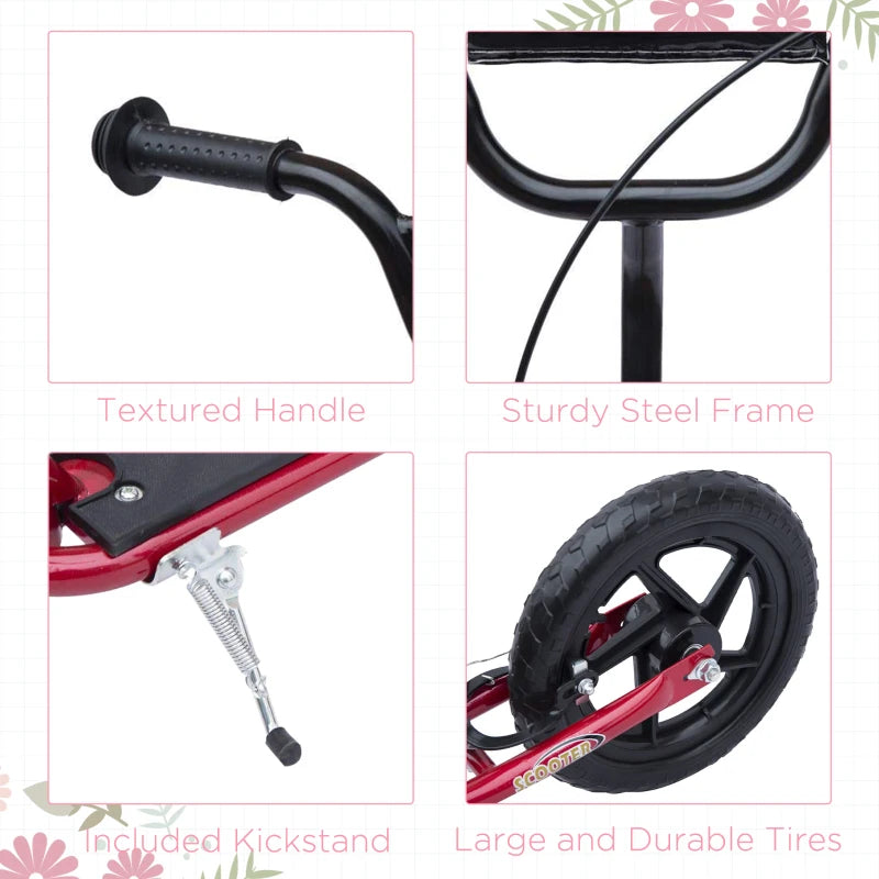 Kids Kick Scooter with 12" EVA Tyres, Rear Brake & Big Wheels - Perfect for Ages 5-12, Red Color