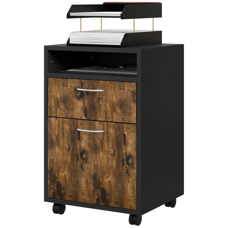 60cm Rustic Brown Filing Cabinet with Drawer & Open Shelf, Mobile Office Organizer on 4 Wheels, Metal Handles