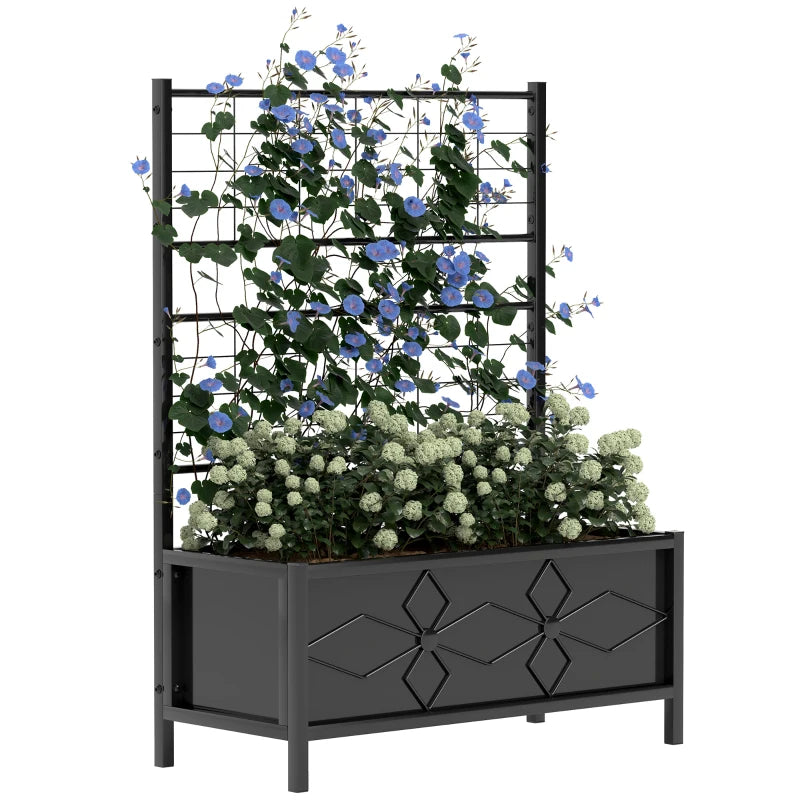 Raised Garden Bed with Trellis - Galvanised Planter Box, Diamond Pattern, Drainage Holes for Vegetables, Herbs & Flowers - 90 x 40 x 120 cm, Black