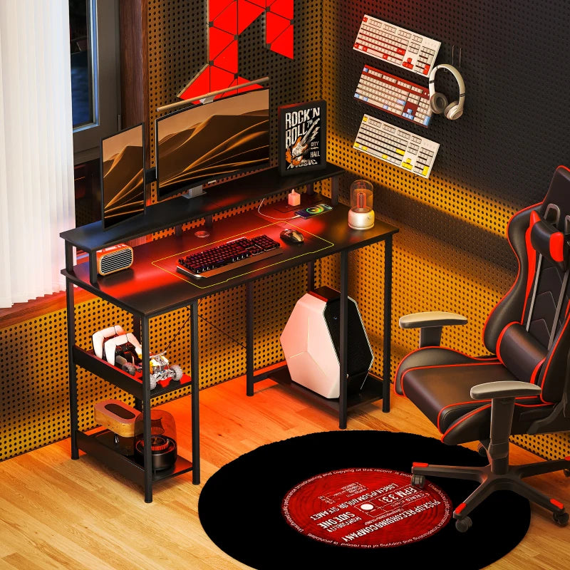 LED Computer Desk with Power Outlets & Shelves - Stylish Carbon Fibre Grey Home Office Furniture