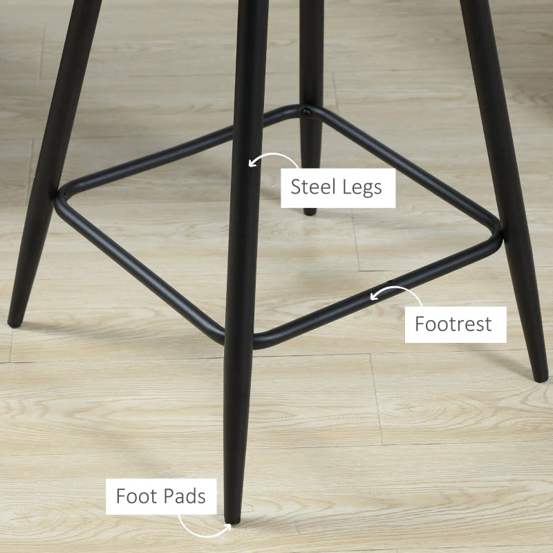 Set of 2 Velvet Bar Stools - Counter Height Kitchen Chairs with Steel Legs - Stylish Grey Dining Area Barstools