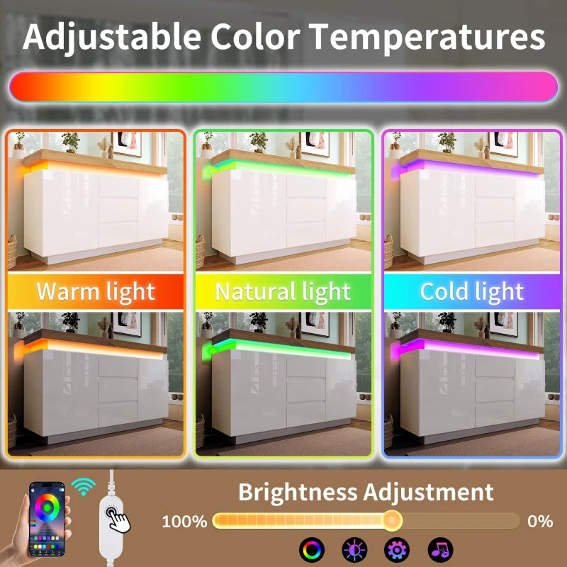 High-Gloss White Chest of Drawers with LED Lighting - 2 Doors & 3 Drawers Sideboard Cabinet, 140x39x81 cm