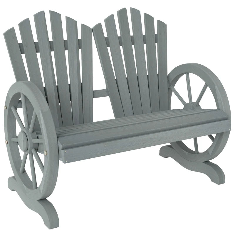 Grey Fir Wood Love Seat with Wheel-Shaped Armrests
