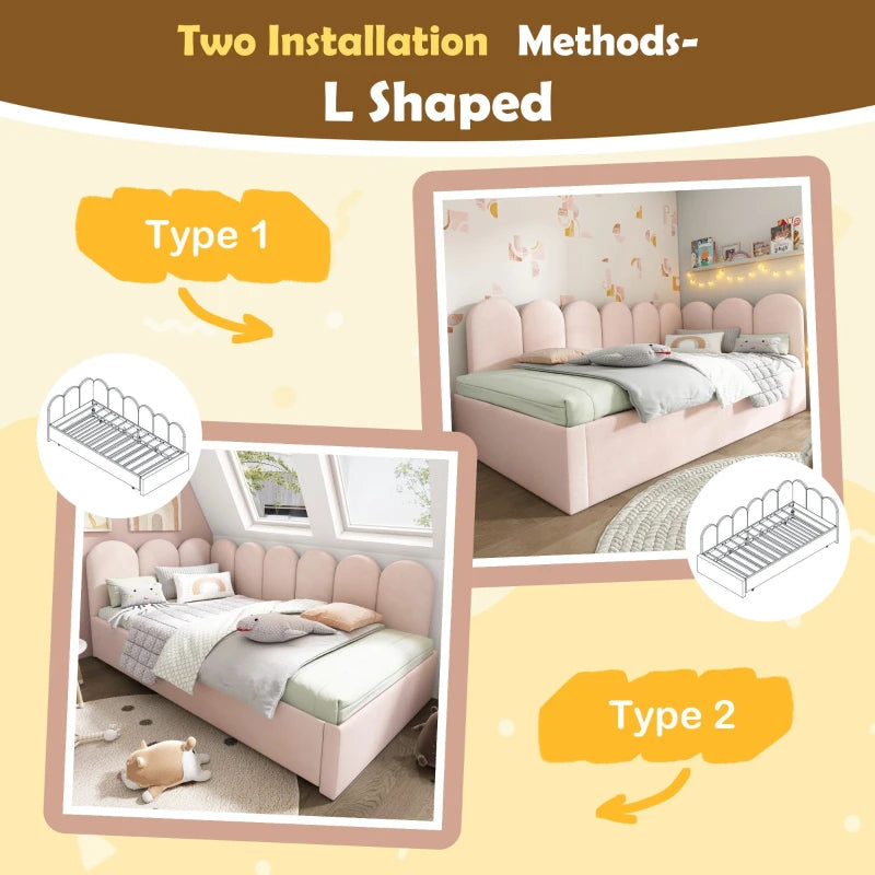 Pink Upholstered Daybed with Pull-Out Bed, 3FT Single Sofa Bed, Metal Slatted Frame, Easy Assembly, 193L x 97W x 76H cm