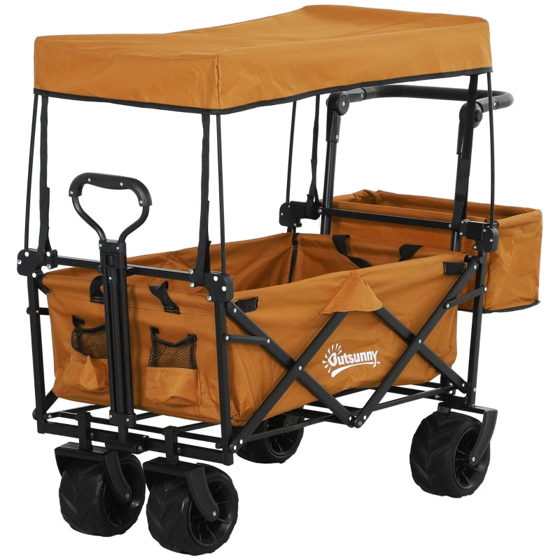 Folding Trolley Cart Storage Wagon - Orange 4-Wheel Beach Trailer with Canopy for Shopping and Camping