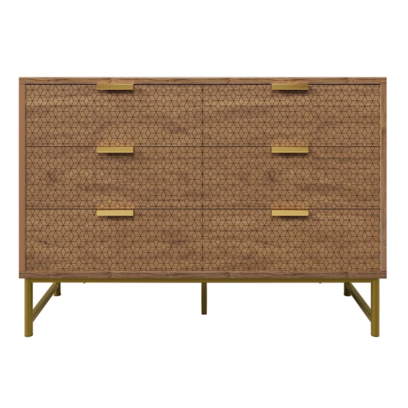 Embossed Wood Chest of Drawers - 6-Drawer Sideboard, Anti-Tip Design, Walnut Finish, 120x40x75 cm for Living Room