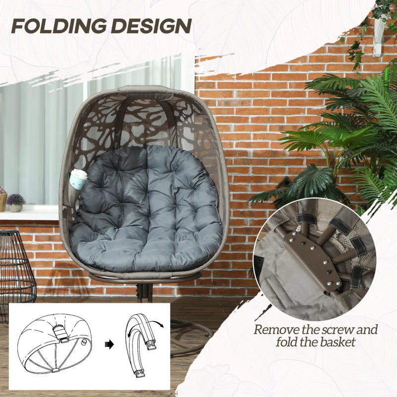 Swivel Egg Chair with Cushions - Foldable Metal Frame Lounge Chair for Indoor Outdoor Use - Grey - Perfect for Balcony, Patio, and Living Room