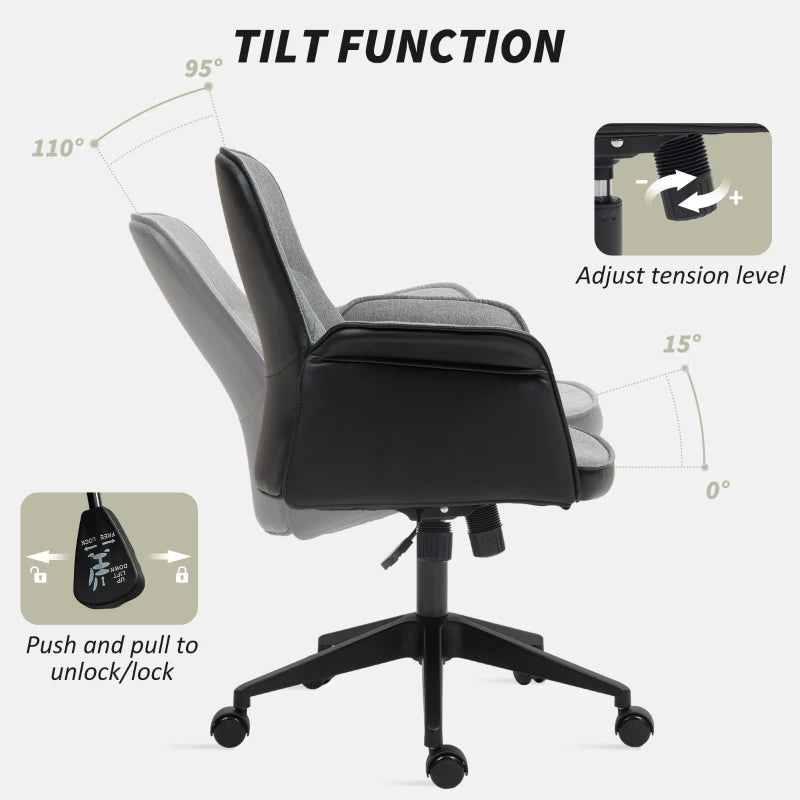 Stylish Grey Linen and Faux Leather Office Chair - Ergonomic Design for Home and Office Use