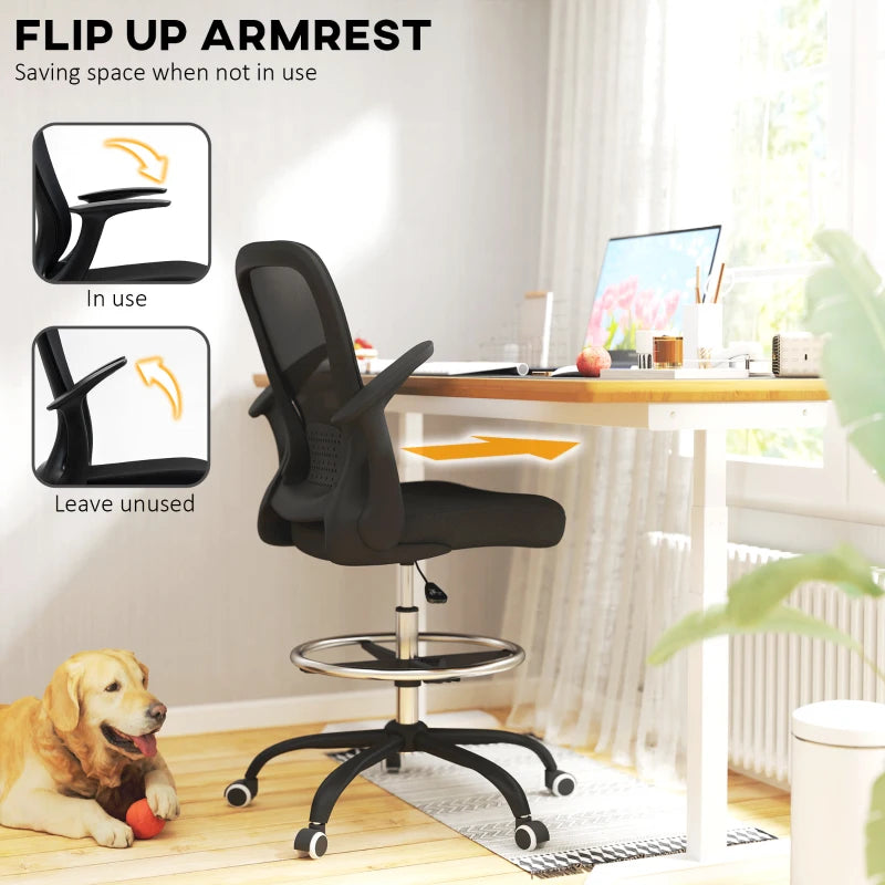 Ergonomic Draughtsman Chair - Mesh Drafting Office Chair with Flip-Up Armrests & Adjustable Foot Ring - Black