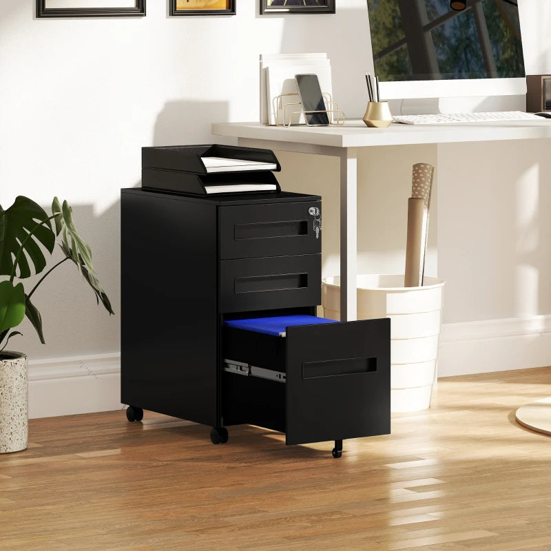 Vinsetto Black Three-Drawer Steel Filing Cabinet - Durable Office Storage Solution for Organizing Documents and Files