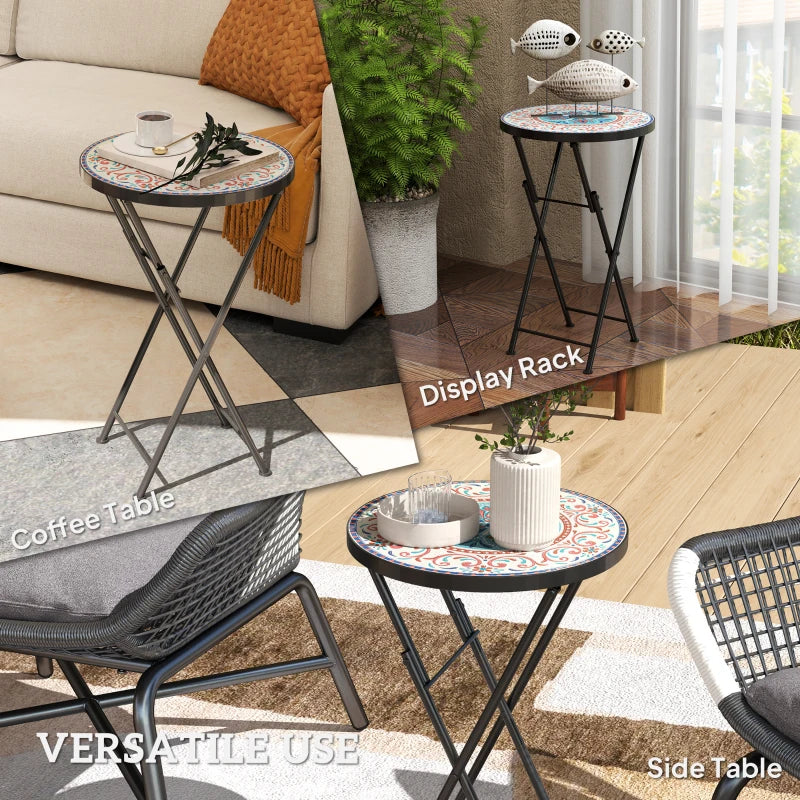 Mosaic Round Folding Garden Table, 35.5cm Metal Frame Coffee Table for Balcony, Multicolour