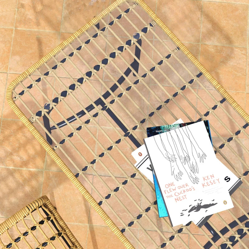 5-Piece Rattan Garden Dining Set with Glass Tabletop - Natural Wood