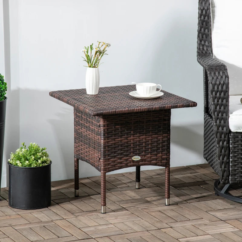 Brown Rattan Outdoor Side Table with Woven Top - Patio & Garden Furniture
