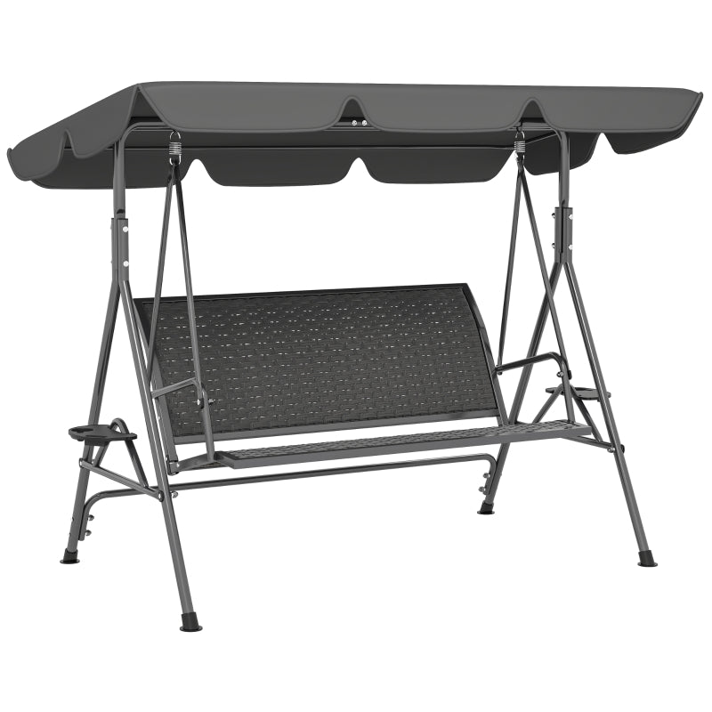 3 Seater Garden Swing Chair with Adjustable Canopy, Rattan Seat & Steel Frame, Grey