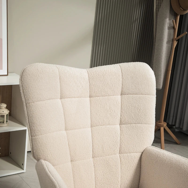 Modern Cream White Accent Chair - Upholstered Tufted Wingback Armchair with Teddy Fleece, Padded Seat & Wood Legs for Bedroom