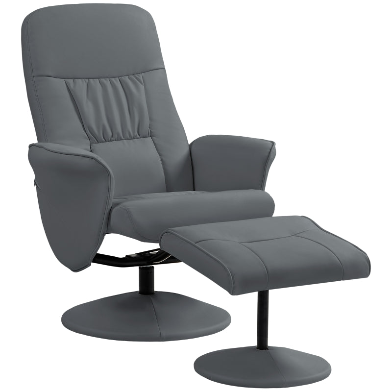Stylish Grey Swivel Recliner Chair with Footstool - PU Leather Armchair for Living Room Comfort