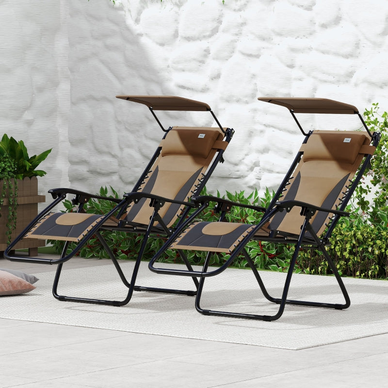 Zero Gravity Lounger Chair Set of 2 - Folding Reclining Patio Chairs with Shade Cover, Cup Holder, Soft Cushion and Headrest - Ideal for Poolside, Camping, and Coffee - Grey