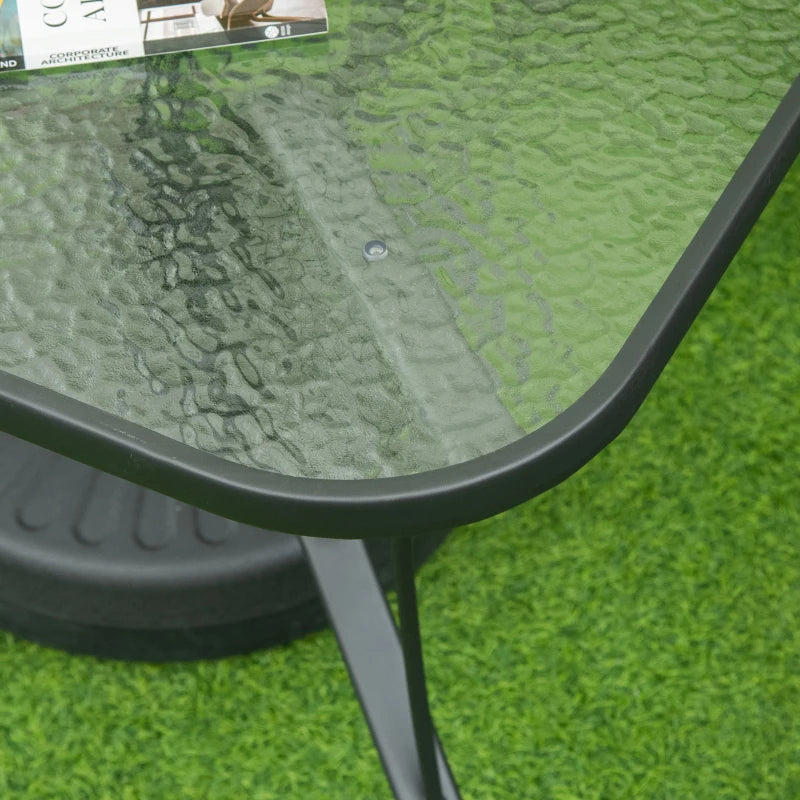 Black Square Outdoor Dining Table with Parasol Hole, Tempered Glass Top, Steel Frame