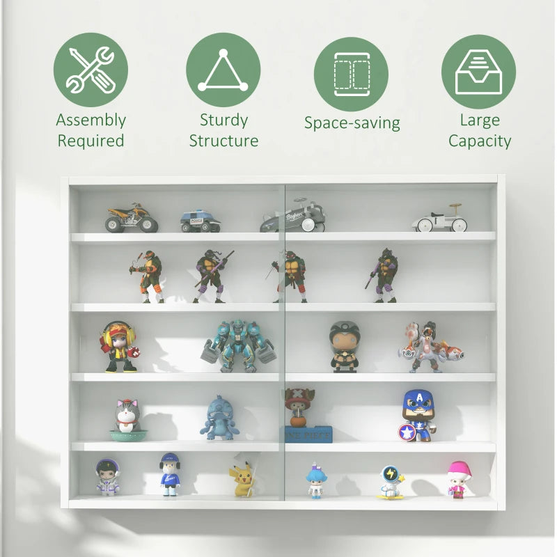 5-Tier Wall Display Shelf Unit with 4 Adjustable Shelves & Glass Doors - White Cabinet for Home Office Ornaments 60x80cm