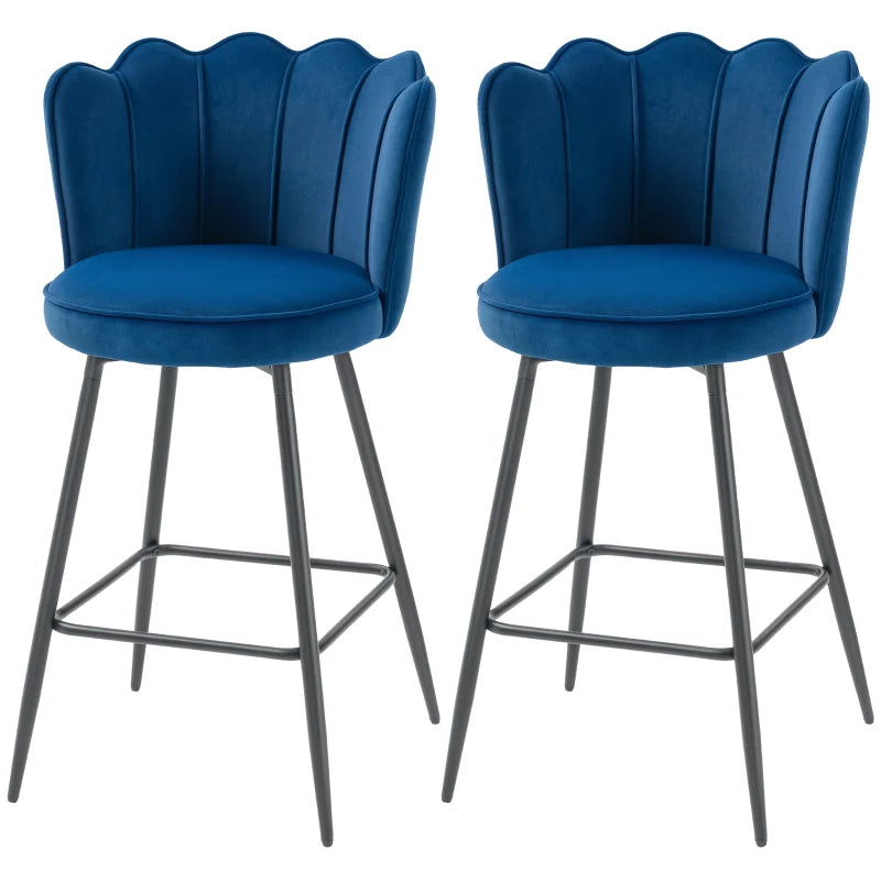 Set of 2 Dark Blue Velvet-Feel Lotus Bar Stools - Stylish Modern Seating for Kitchen or Home Bar