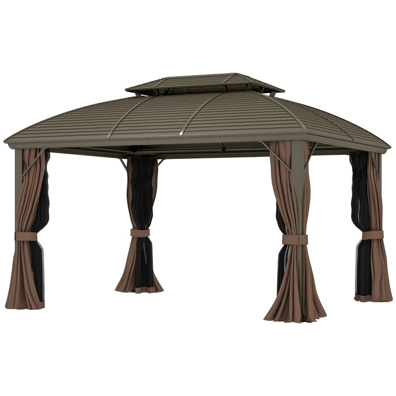 3.65m x 3m Hardtop Steel Gazebo Canopy - Aluminium Frame, Double Roof, Net Sidewalls & Curtains in Coffee