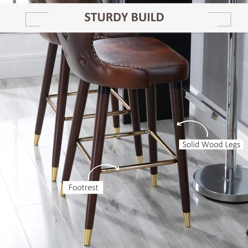 Set of 2 Brown PU Leather Bar Stools with Back and Footrest, Stylish Wood Legs for Kitchen and Breakfast Bar