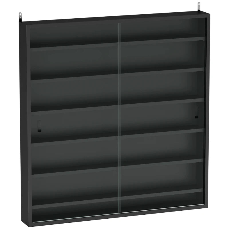 Modern Black Six Shelf Display Cabinet with Glass Doors - Stylish Storage Solution for Home or Office