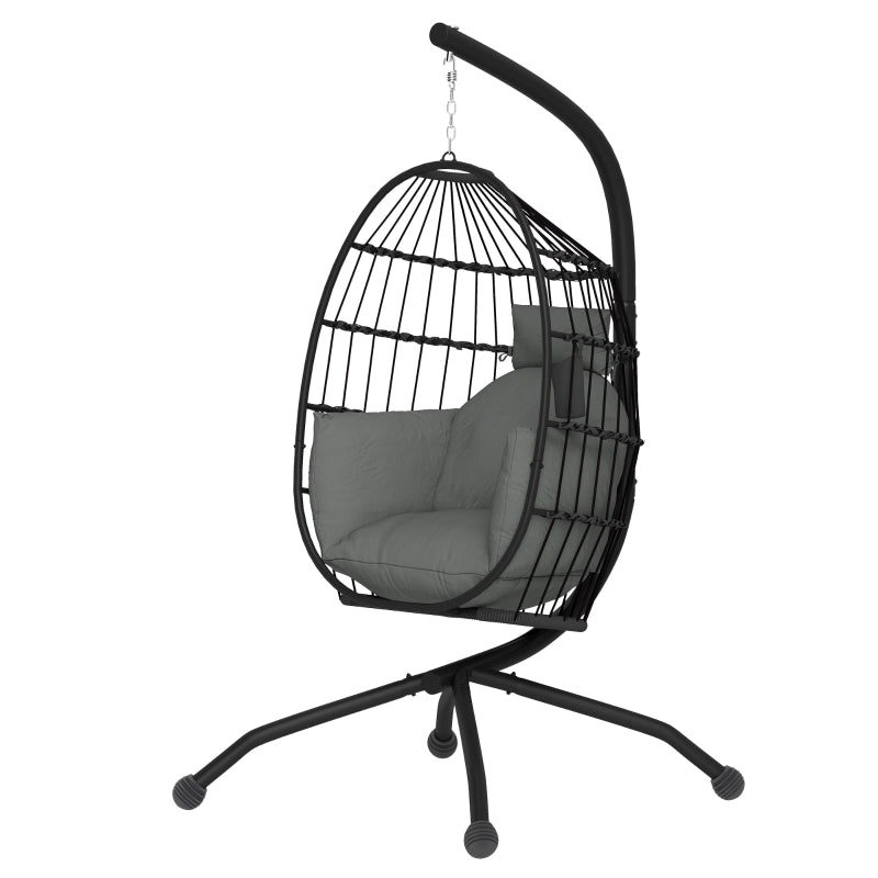 Hanging Egg Chair - Dark Grey - Outdoor Indoor Garden Swing Chair with Folding Basket, Thickened Cushion, Stand, Headrest & Cup Holder - Perfect for Patio & Balcony