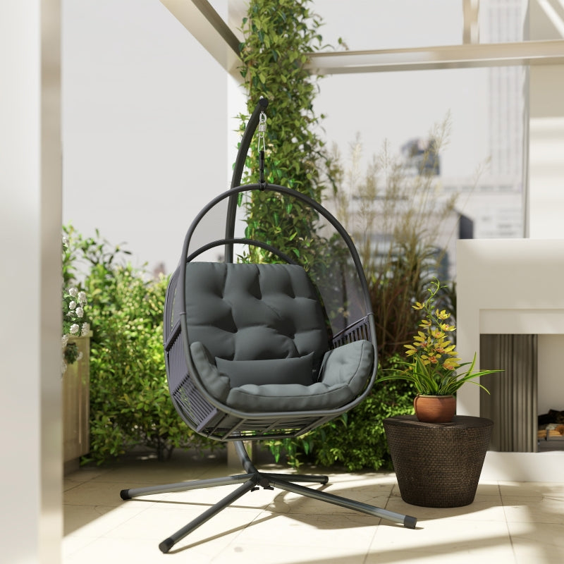 Hanging Egg Chair with Stand - Indoor Outdoor Swing Hammock, Cushions, Adjustable Height, Dark Grey