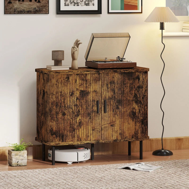 Mid-Century Modern Sideboard Storage Cabinet with Slatted Tambour Doors - Rustic Brown Kitchen Cabinet with Steel Legs