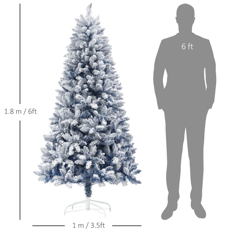 6ft Flocked Artificial Christmas Tree with 700 Snow Frosted Tips & Metal Stand - Snowy Hinged Xmas Tree in Blue
