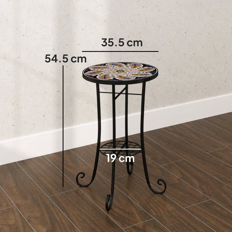 35.5 cm Round Orange Mosaic Garden Table - Ceramic Tile Top Outdoor Bistro Table with Shelf for Patio, Balcony, Indoor Use