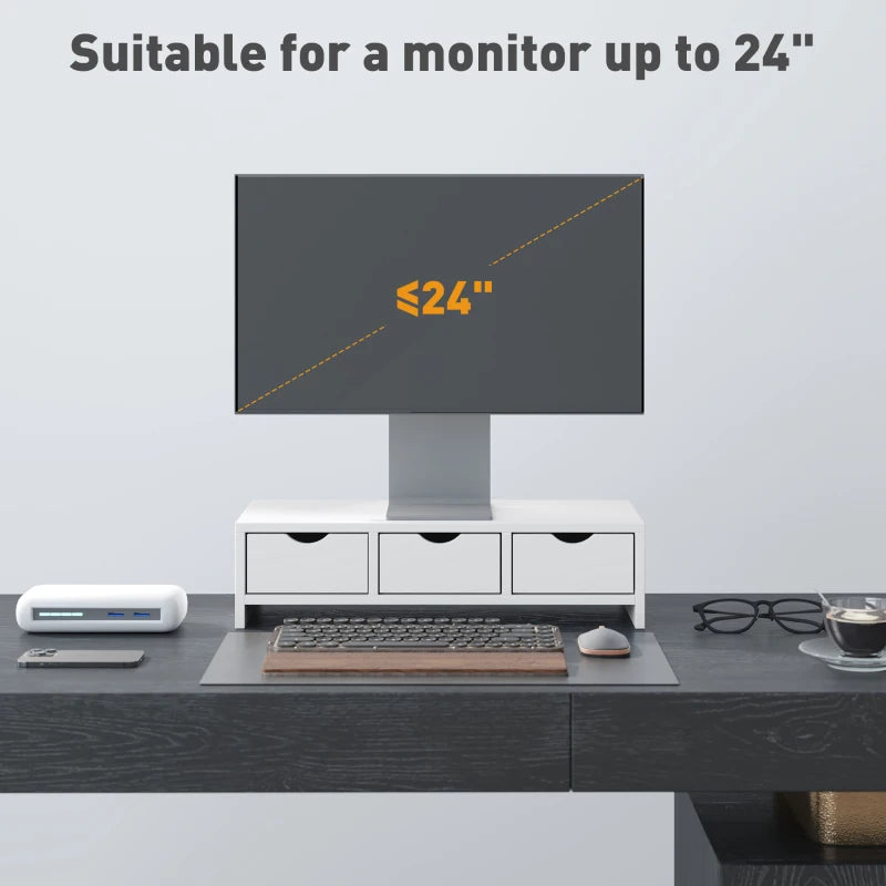 White Monitor Stand Riser with 3 Drawers - Laptop & PC Holder, 51x24x13cm, Ideal for Small Printers & Desks