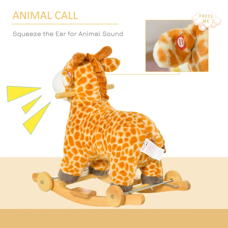 2-in-1 Kids Plush Rocking Horse Giraffe Ride-On with Wheels & Sounds - Wooden Base for Ages 3-6