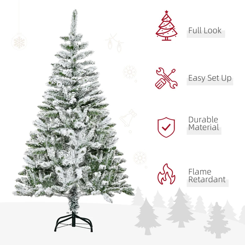 5 Ft Snow Flocked Artificial Christmas Tree - Realistic Pine with Auto Open & Steel Base - Festive Green Decor