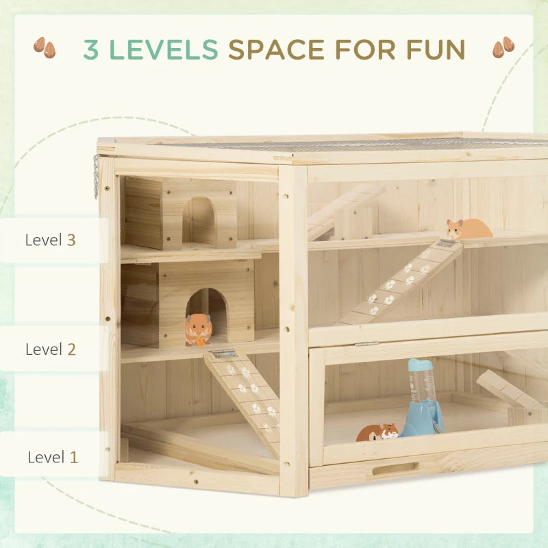 3 Tier Large Wooden Hamster Cage with Sliding Tray, Seesaws & Water Bottle - Natural Habitat for Small Pets