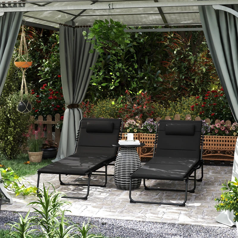 Folding Sun Loungers Set of 2 - Black Recliner Garden Chairs with Quick Drying Pad, Headrest & Side Pocket for Beach & Pool
