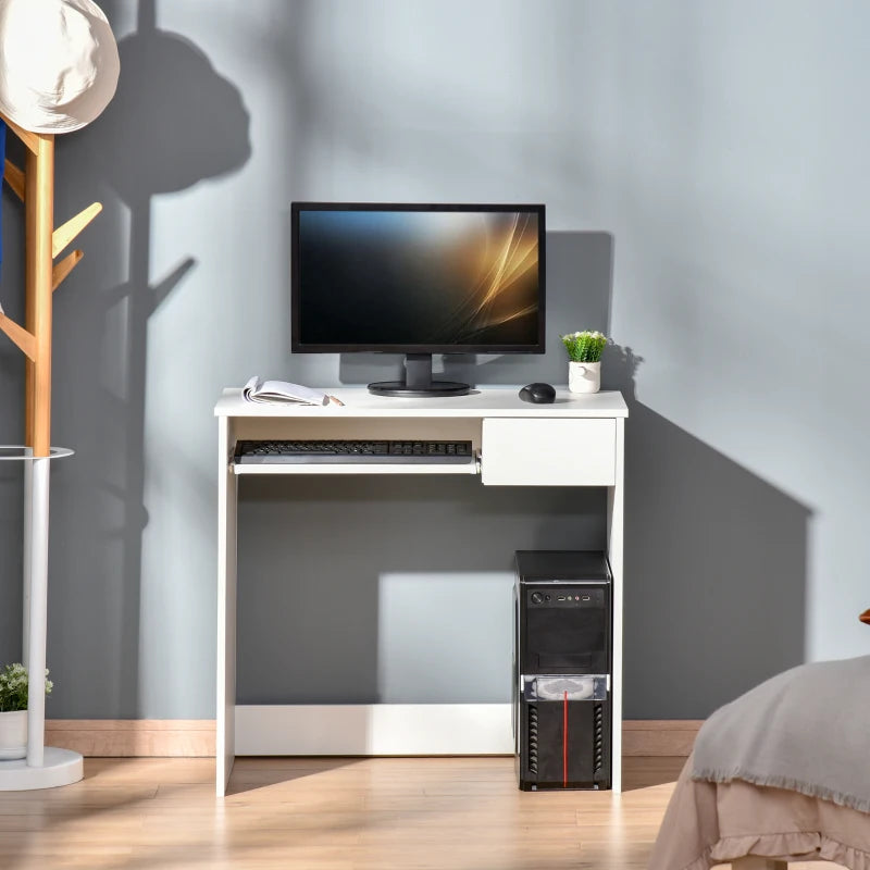 80cm Compact Computer Desk with Keyboard Tray & Drawer - Stylish Home Office Desk for Bedroom Study, White Finish