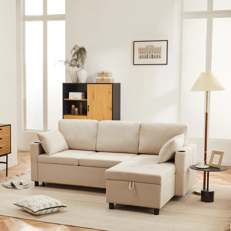 Linen Look L-Shaped Corner Sofa Bed with Storage, 3-Seater Convertible Settee with Cup Holders, Beige