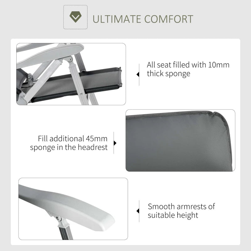 Grey Padded Folding Garden Chairs Set of 2 with Adjustable Back