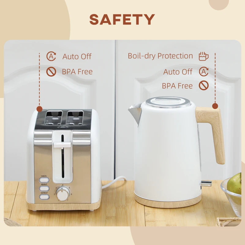 Stainless Steel Kettle & Toaster Set - 1.7L Fast Boil Kettle 3000W & 2 Slice Toaster with 7 Browning Levels, White