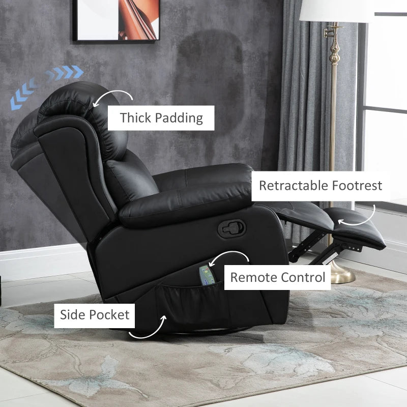 Reclining PU Leather Massage Chair with 8 Points and Heat, Manual Swivel Base, Footrest and Remote Control, Black