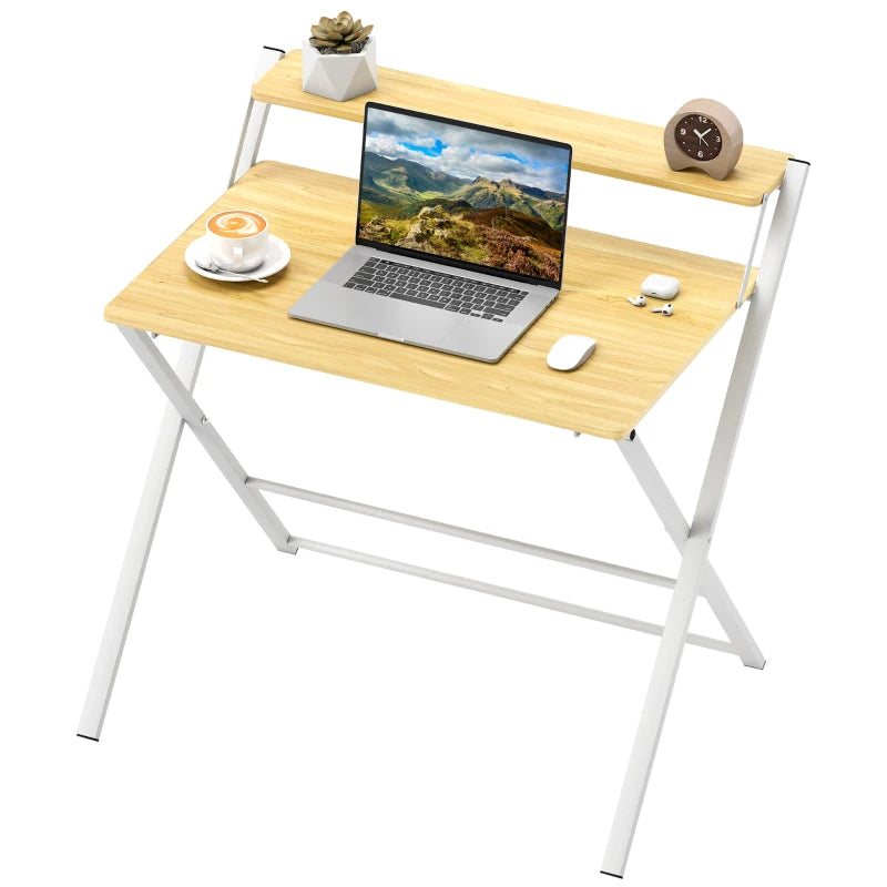 Compact Folding Desk for Small Spaces - Foldable Computer Desk with Storage Shelf, 2-Tier Writing Table, Maple Wood-effect, 86x66x82 cm