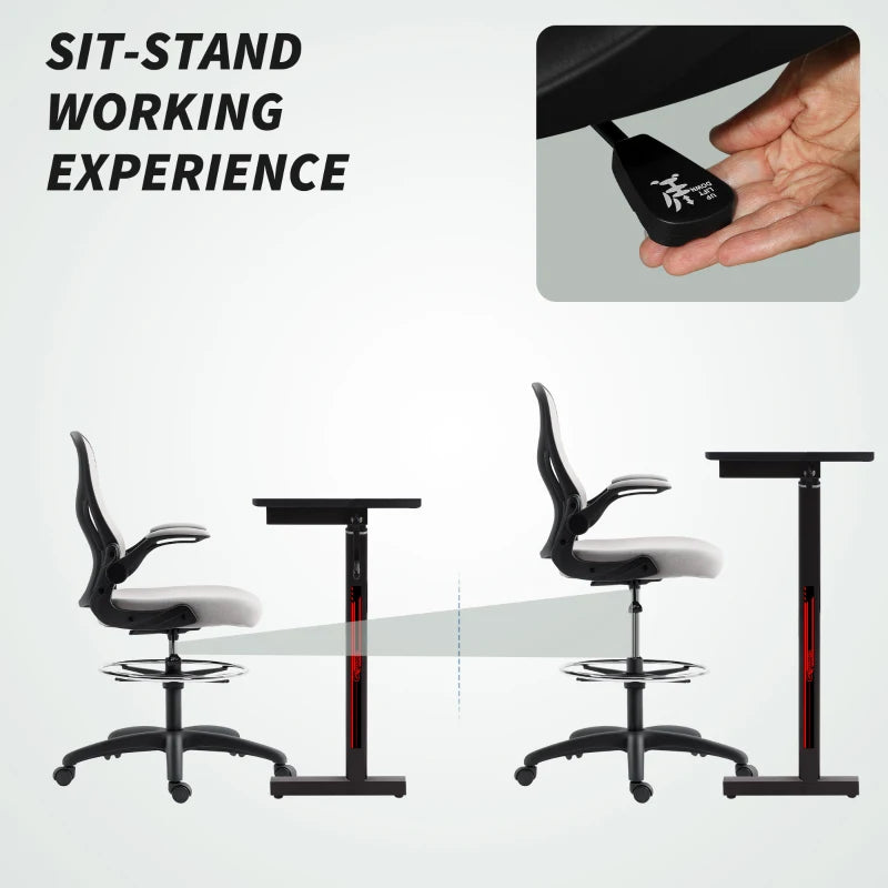 Vinsetto Adjustable Mesh Standing Desk Chair - Flip-up Armrests, Lumbar Support, Adjustable Footrest, Grey - Ergonomic Office Seating