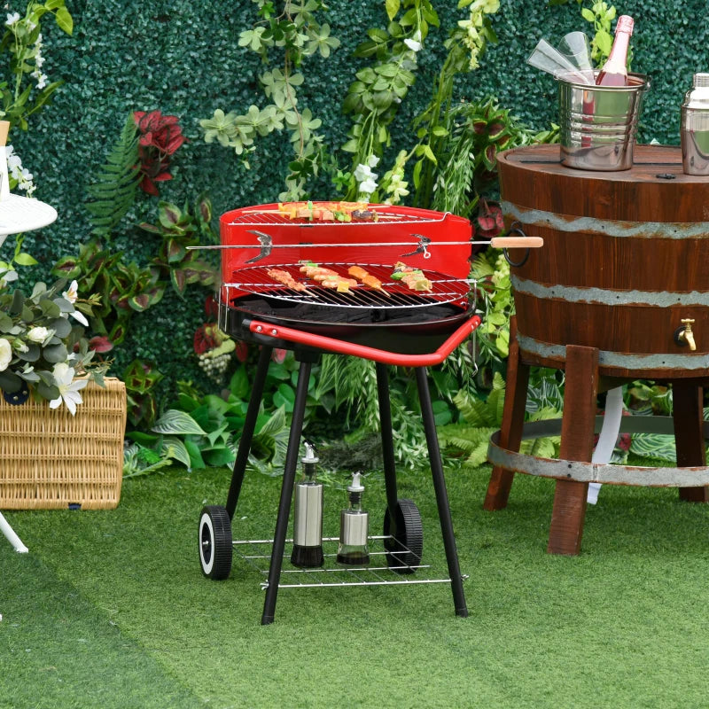 Portable Charcoal BBQ Grill with Wheels - Red/Black, 75.5 x 50 x 82 cm