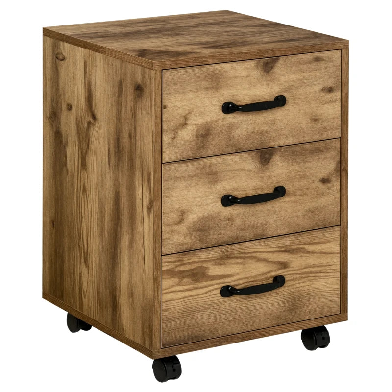 Rustic Brown 3 Drawer Mobile File Cabinet on Wheels - Perfect for Home Office & Study Organization