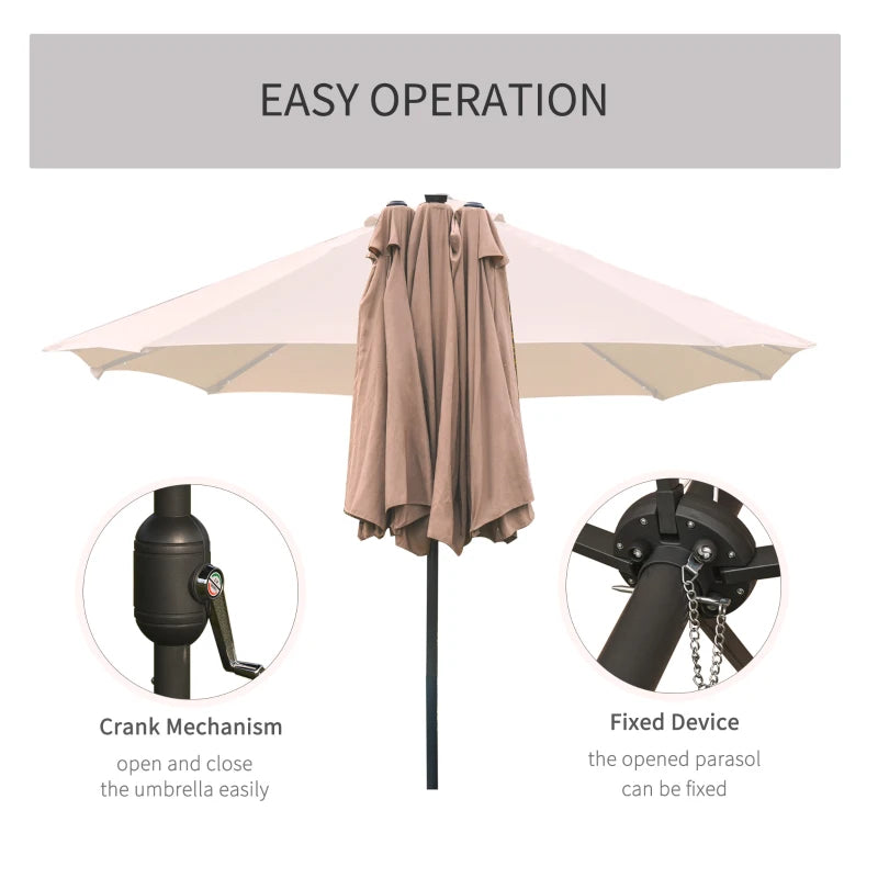 Double-Sided Khaki Garden Parasol with Solar LED Lights - 4.4m