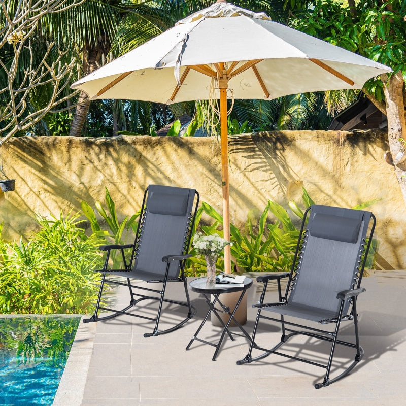 Grey 3-Piece Folding Rocking Chair Set with Glass Table - Outdoor Patio Bistro Set